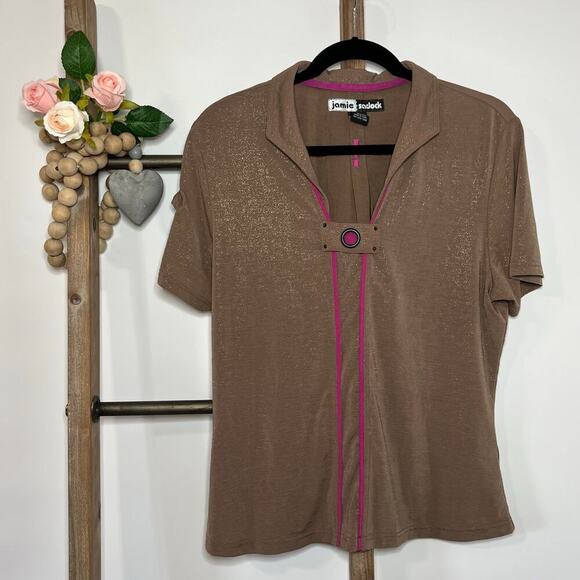 jamie sadock Tops - Jamie Sadock Short Sleeve Brown Pink Golf Shirt Size Large